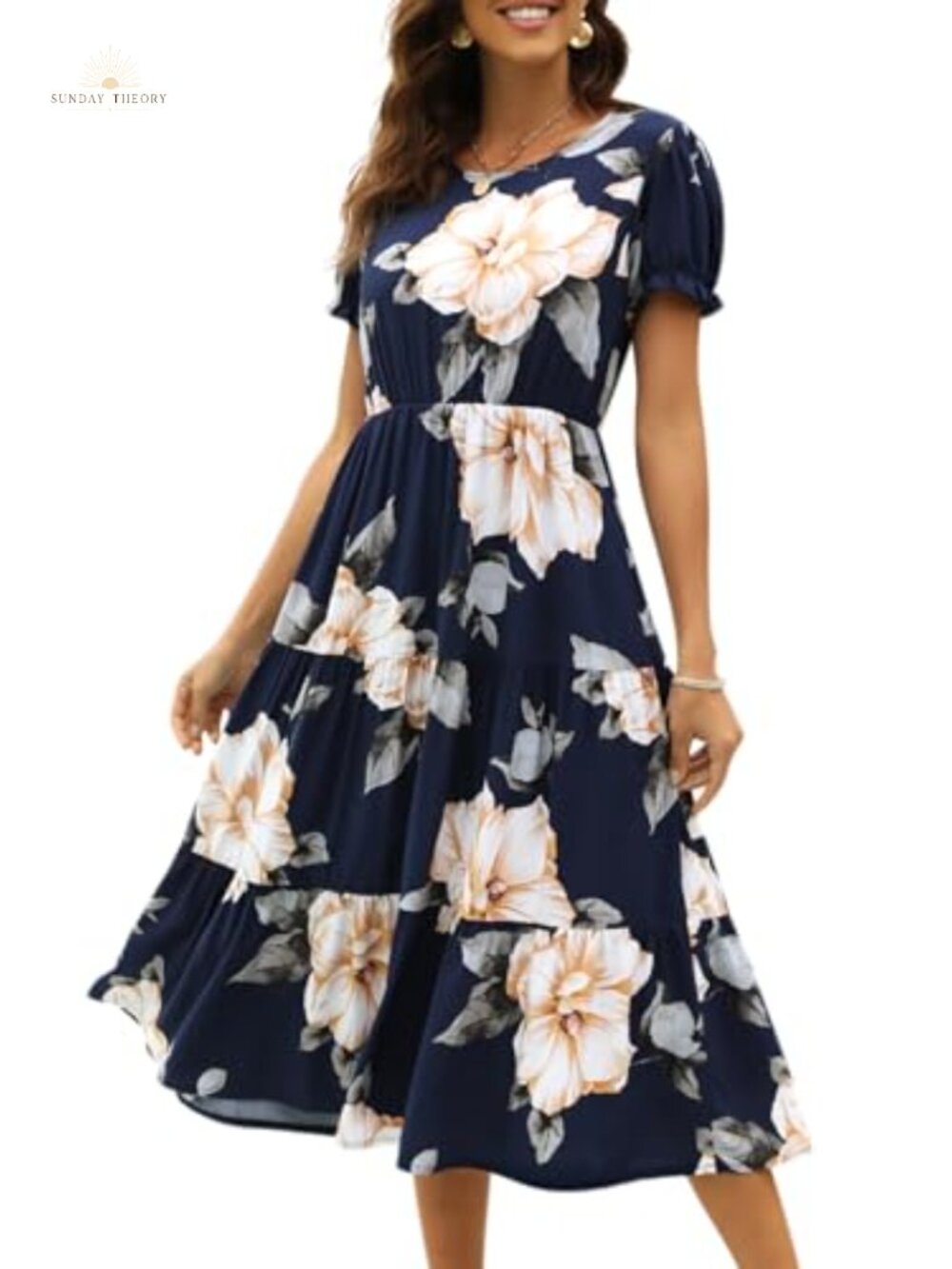 Womens Floral Print Midi Dress with Pockets Puff Sleeve Boho Wedding Guest